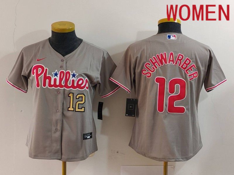 Women Philadelphia Phillies #12 Schwarber Grey Game 2024 Nike MLB Jersey style 1